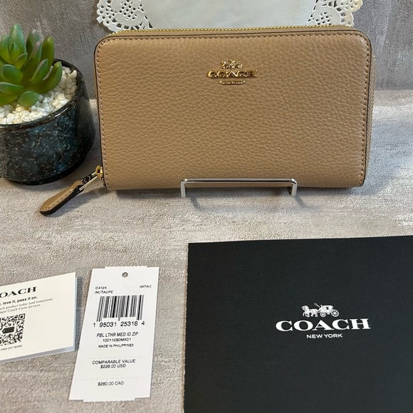 Coach Wallet color Taupe Medium Zip-Around Gold Hardware Pebbled Leather - Picture 2 of 15